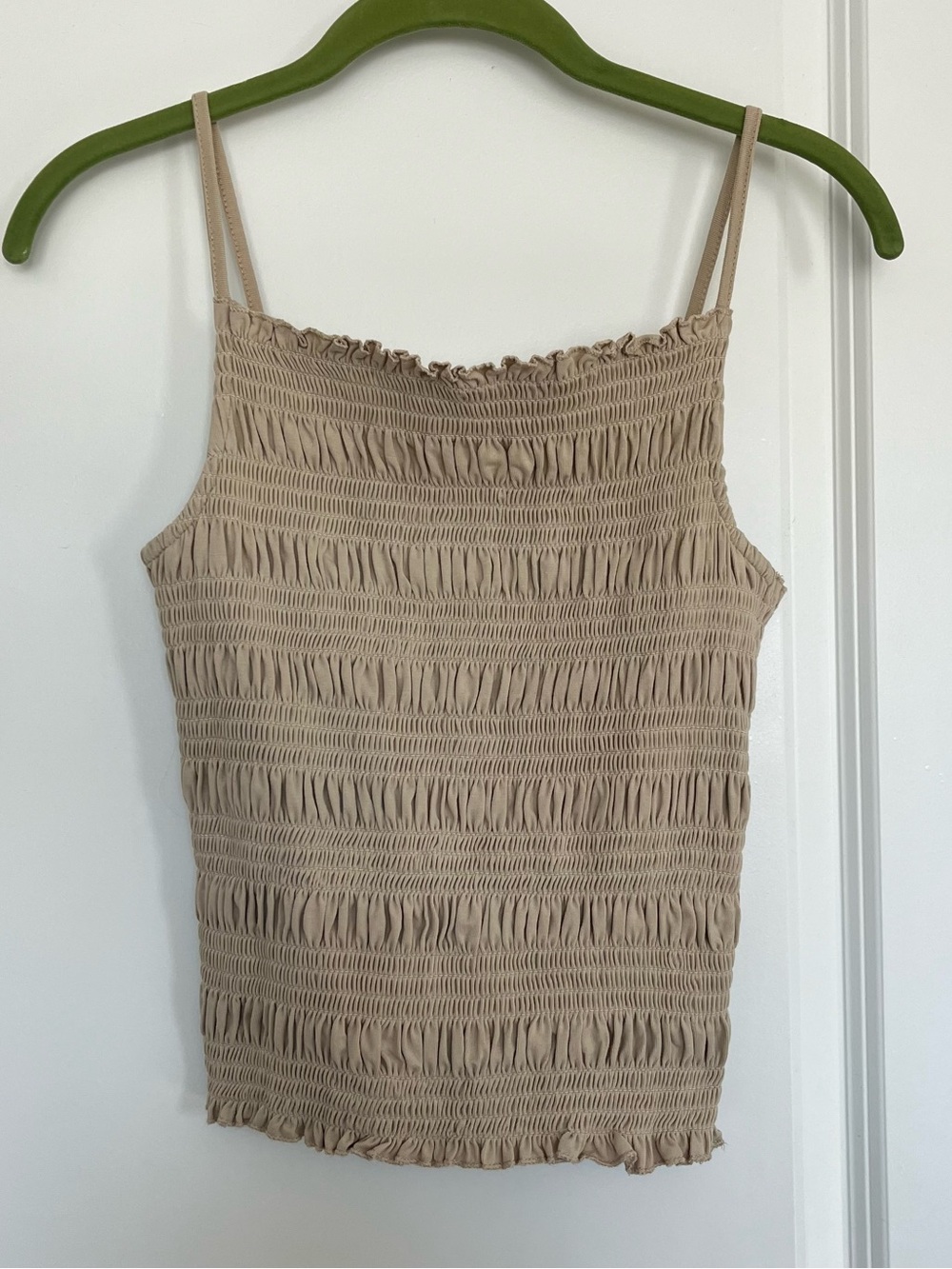 H&M Small Beige Smocked Top with Spaghetti Straps and Ruffled Edges